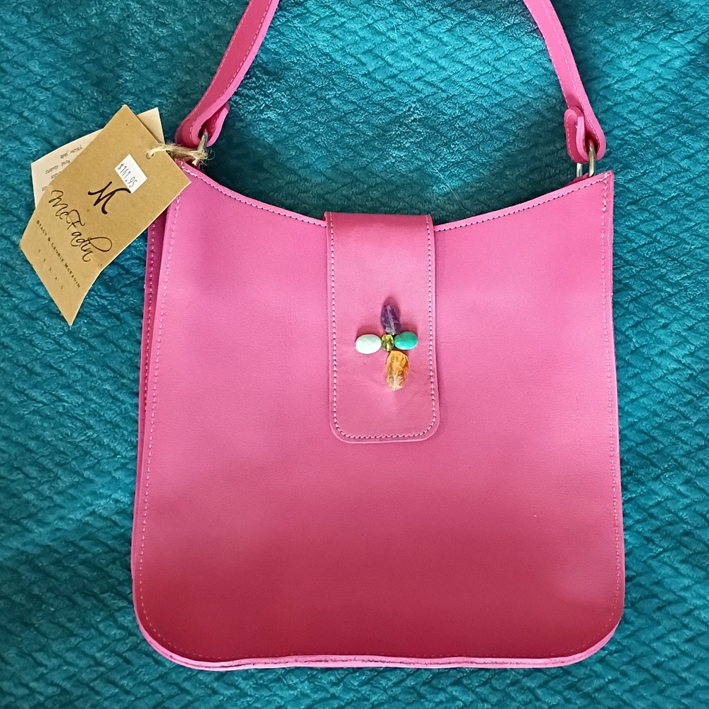 Vibrant Pink Leather Shoulder Bag with Gold Detail